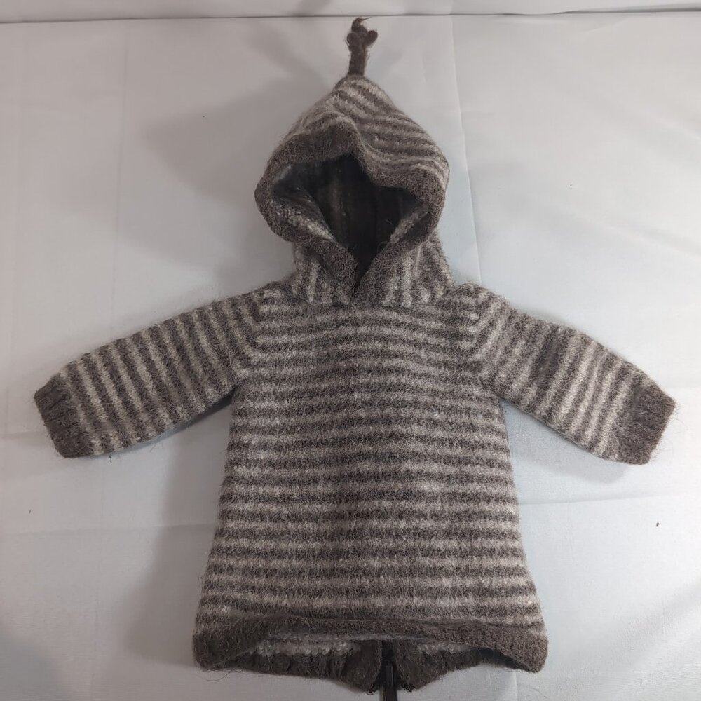 Oeuf Baby 100% Alpaca Wool Sweater 12M Brown White Striped Hood Long Sleeve Zip